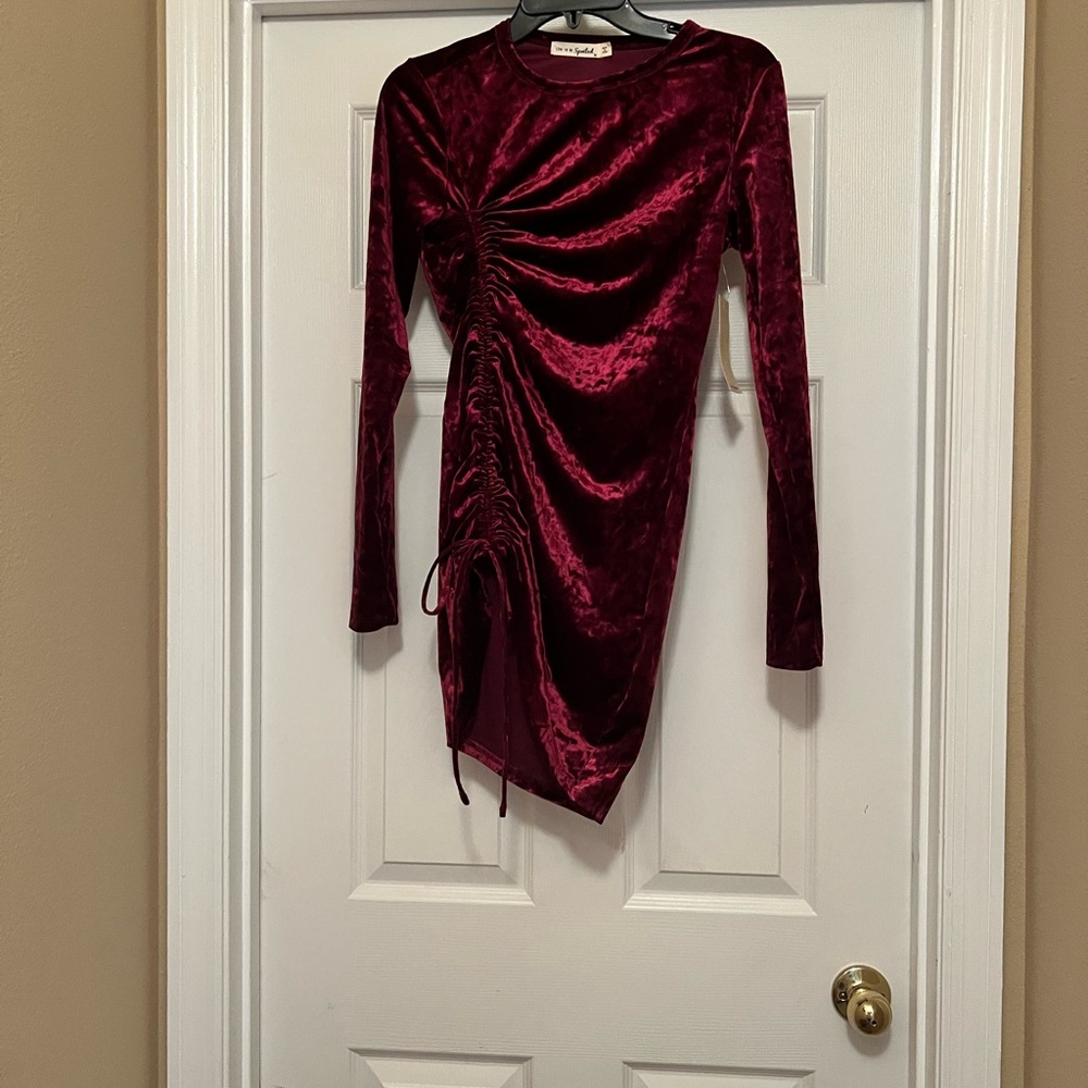 Wine color long sleeve velvet dress
